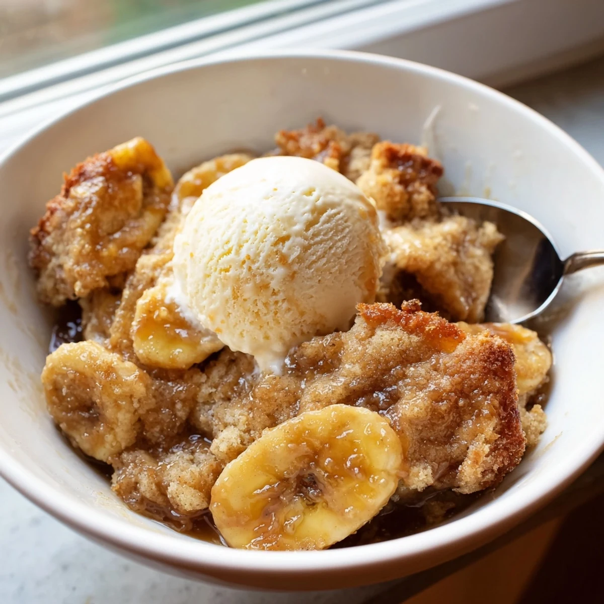 Warm Southern banana cobbler served in a rustic dish with vanilla ice cream
