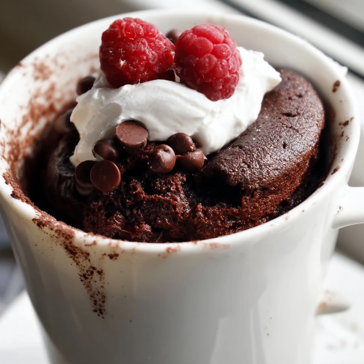 Warm gluten free chocolate mug cake topped with fluffy whipped cream in a ceramic mug