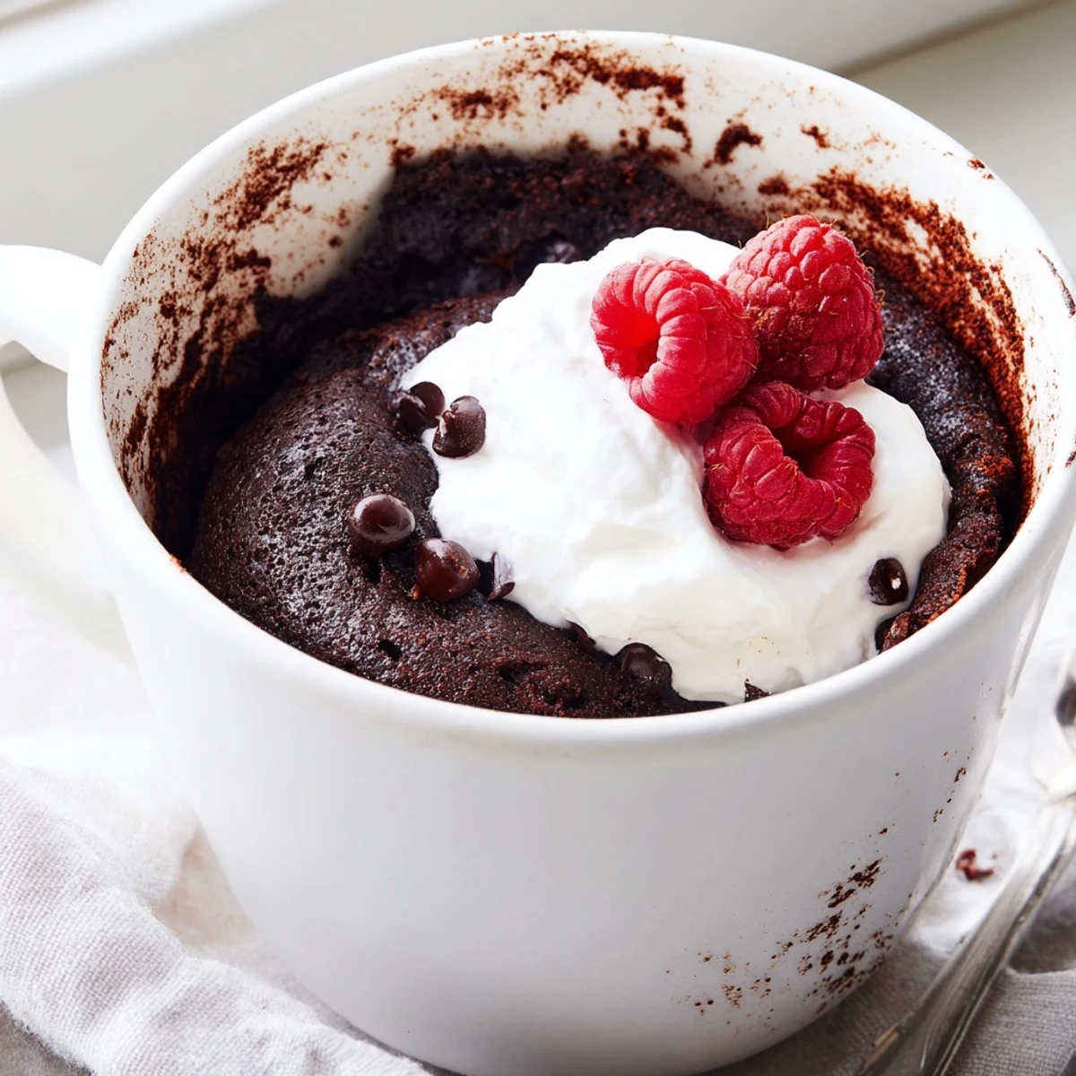 Gooey gluten free chocolate mug cake fresh from the microwave with melted chocolate chips