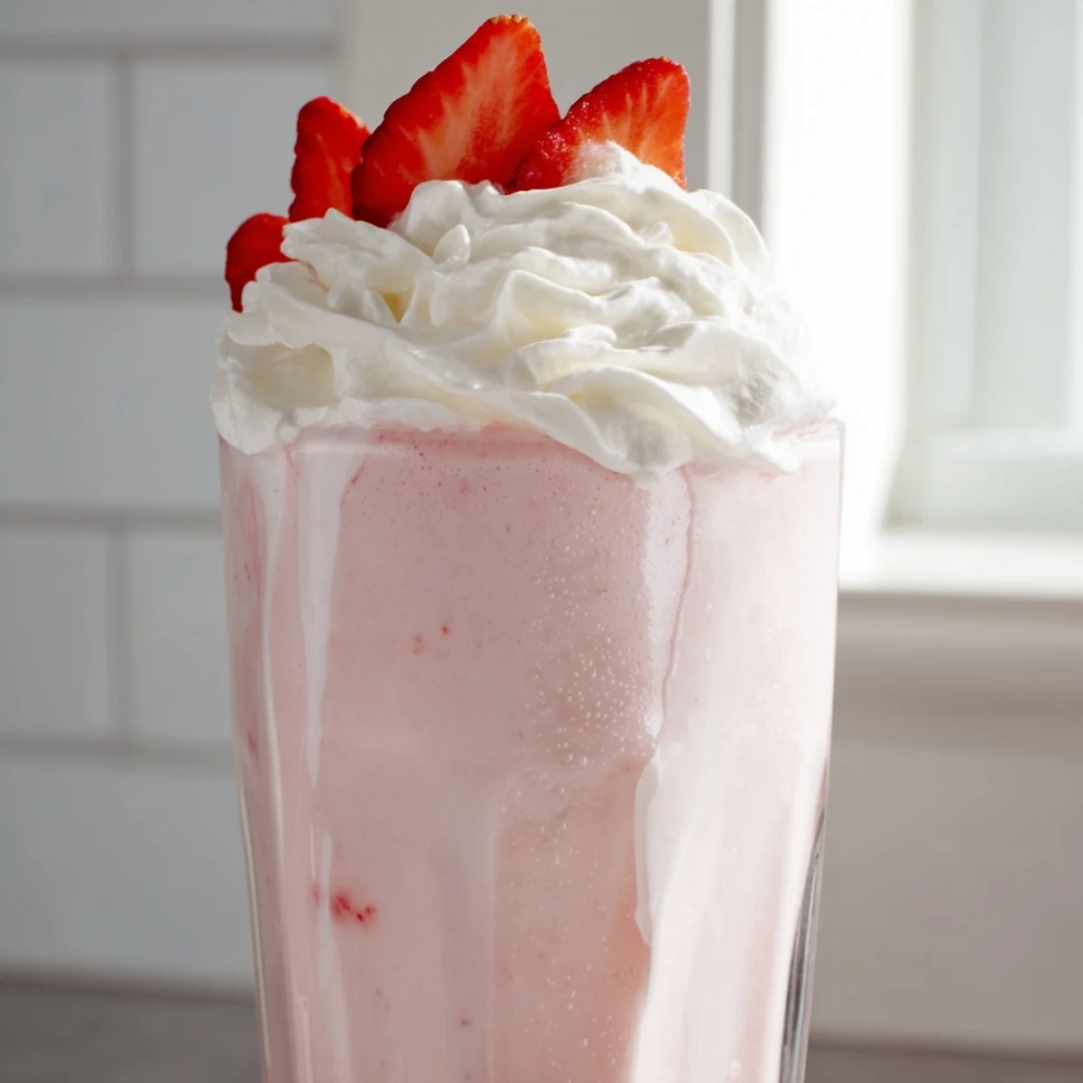 Thick strawberry milkshake in a tall glass topped with fluffy whipped cream