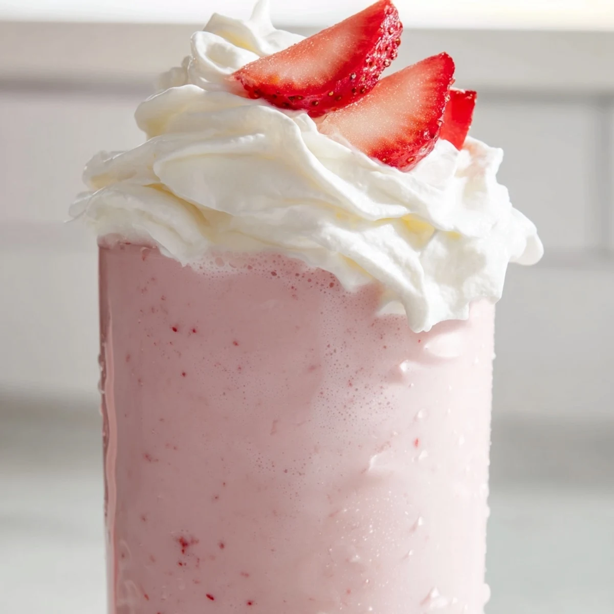 Creamy strawberry milkshake blended with ripe berries and served ice cold