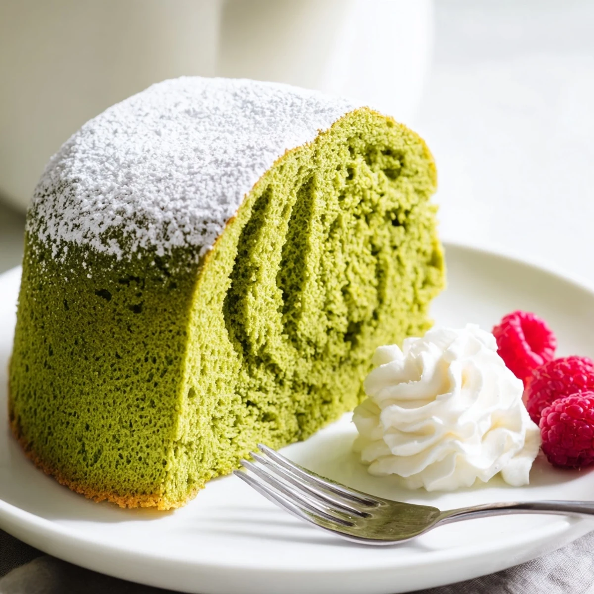 A fluffy matcha cake sliced and served with whipped cream for a Japanese-inspired dessert