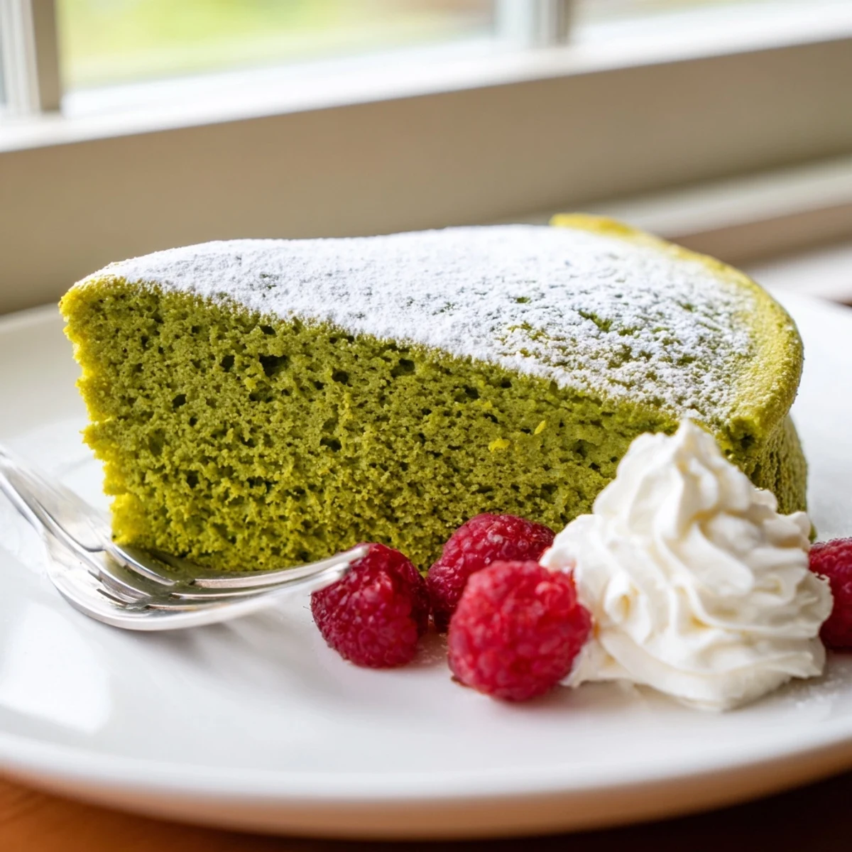 A vibrant green matcha cake cooling on a wire rack with a dusting of powdered sugar
