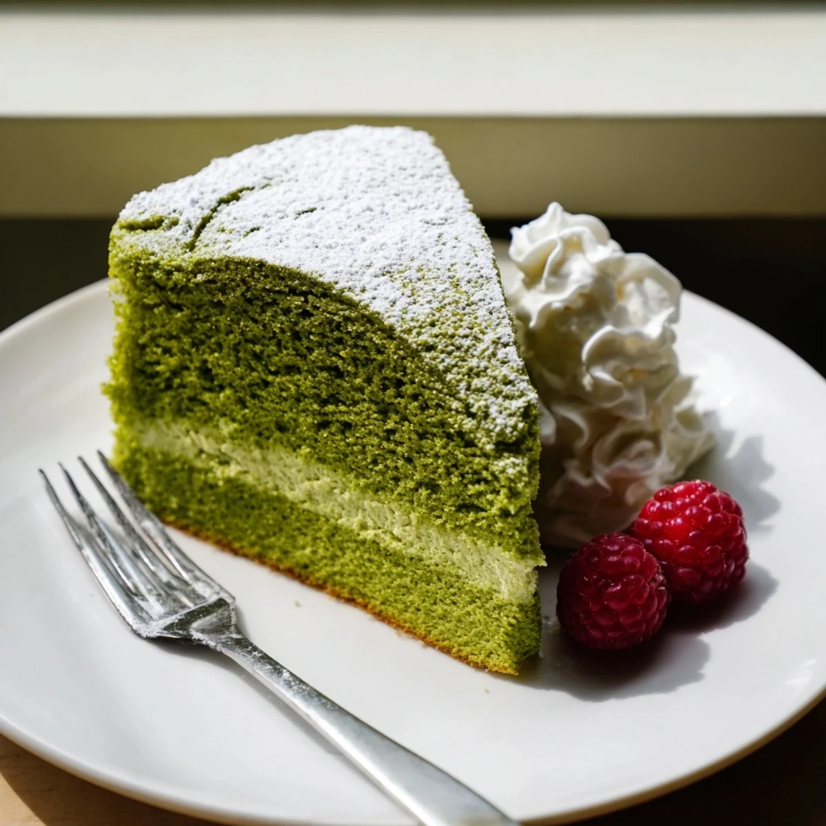 A slice of matcha cake topped with fresh berries and powdered sugar on a white plate