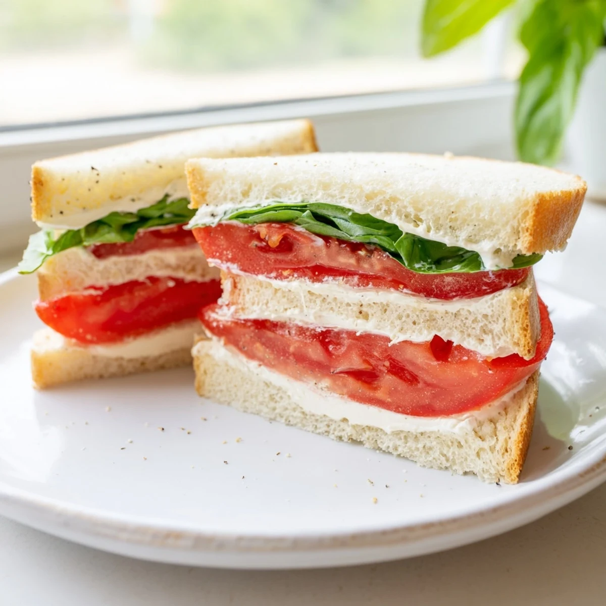 Juicy ripe tomatoes layered in a classic tomato sandwich on soft fresh bread