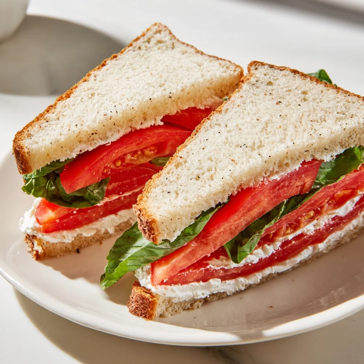 A fresh tomato sandwich topped with basil leaves seasoned with cracked black pepper