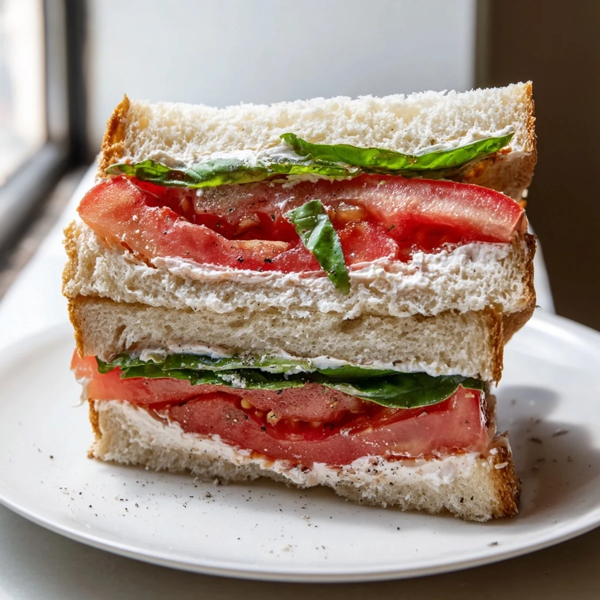Creamy mayo and thick tomato slices fill a golden toasted tomato sandwich halved