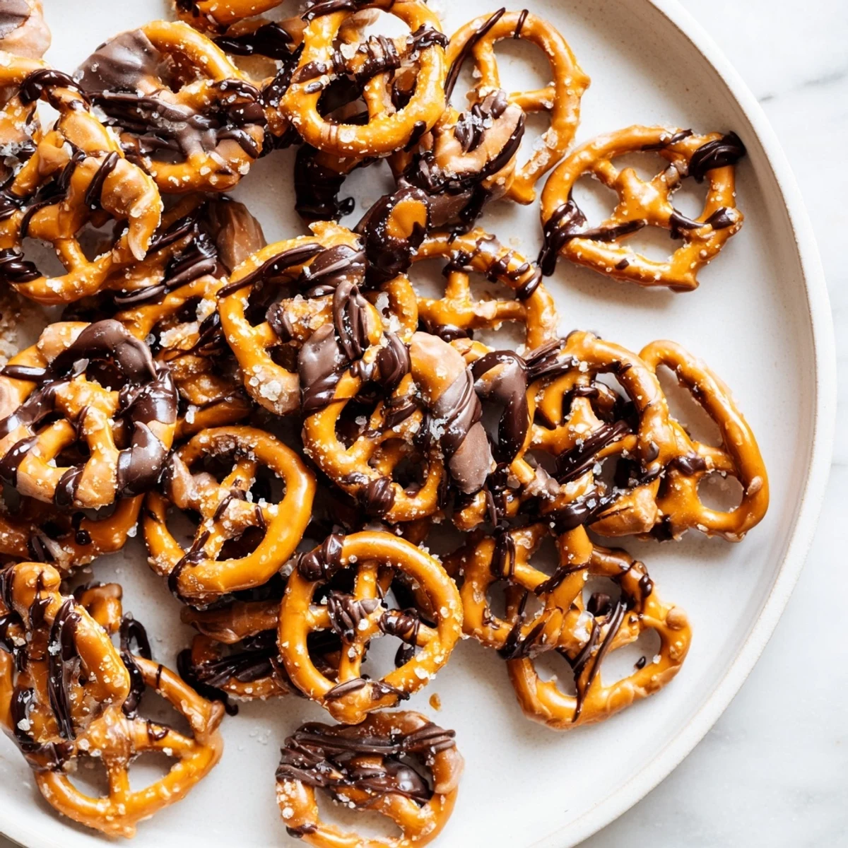 Golden butter toffee pretzels drizzled with rich chocolate on parchment paper