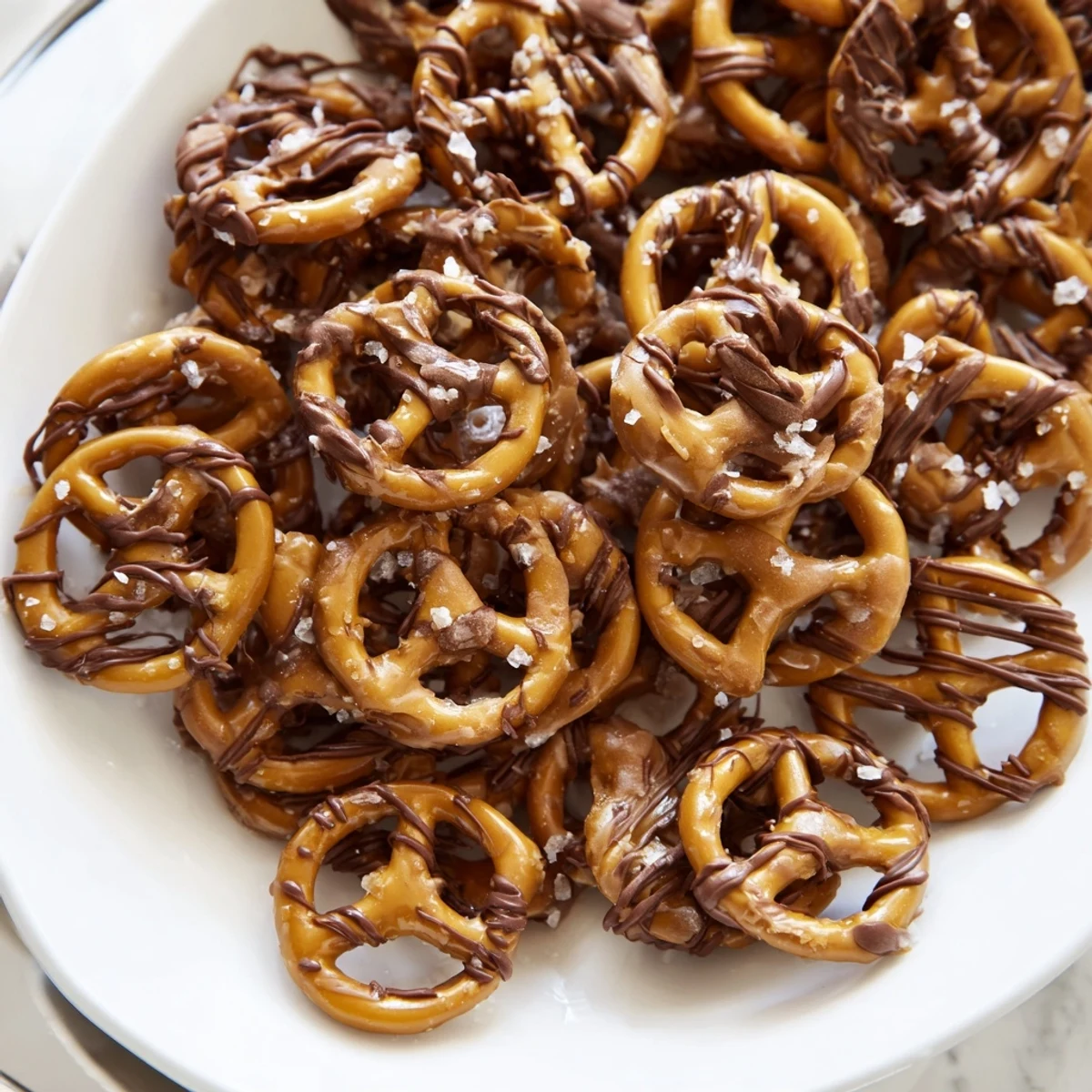 Crunchy butter toffee pretzels glistening with a sweet caramel-like coating