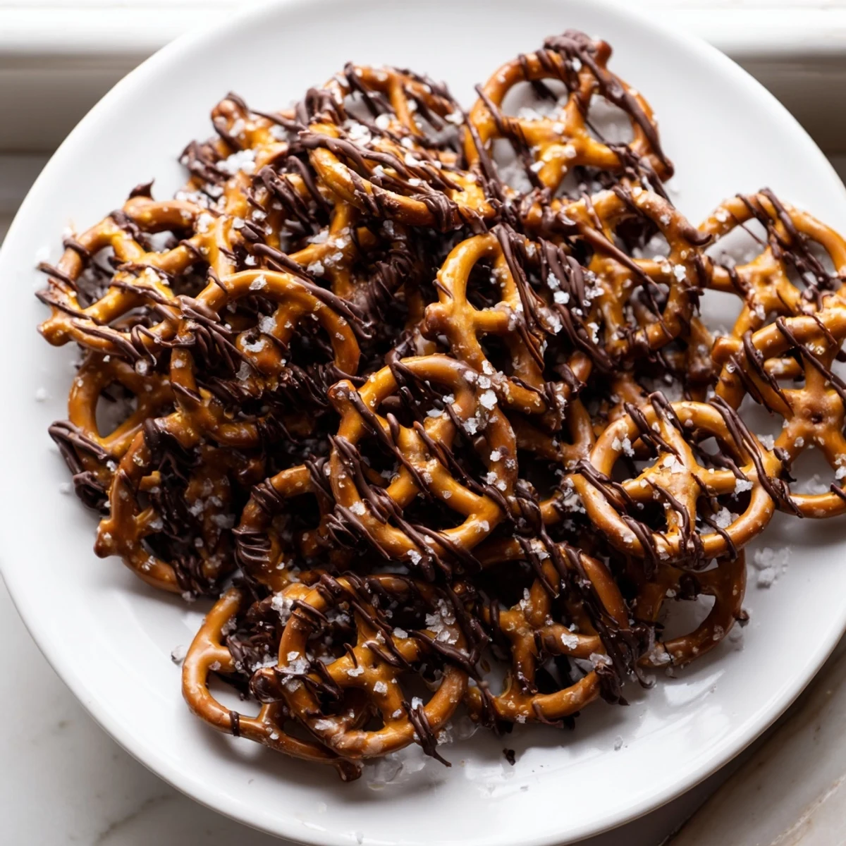 Butter toffee pretzels piled in a bowl with flaky sea salt garnish