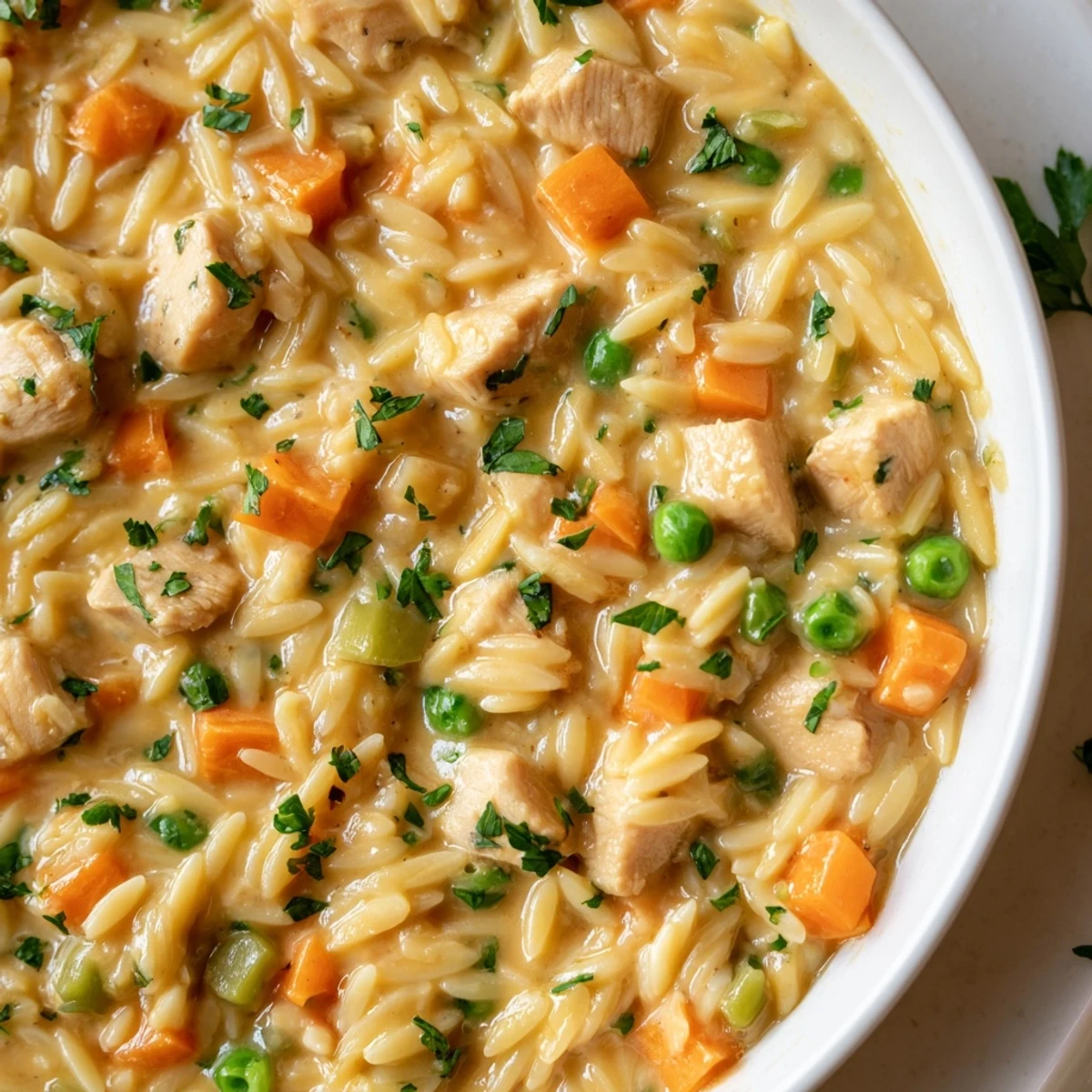 Creamy chicken pot pie orzo simmering with tender vegetables in a golden skillet