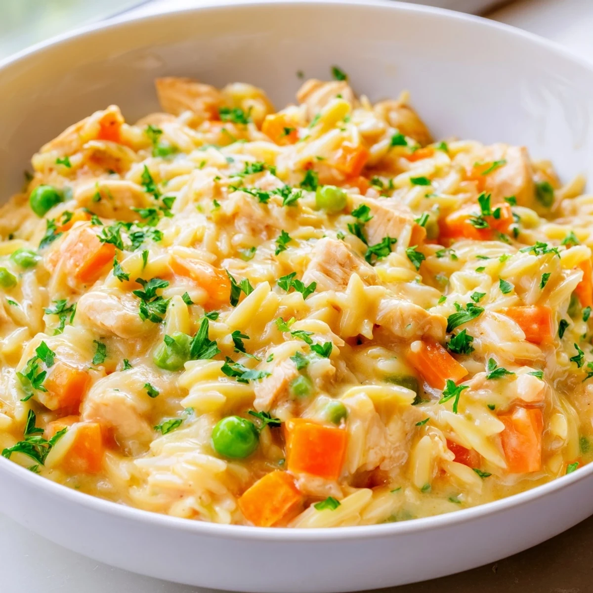 Steaming bowl of creamy chicken pot pie orzo garnished with fresh parsley flakes