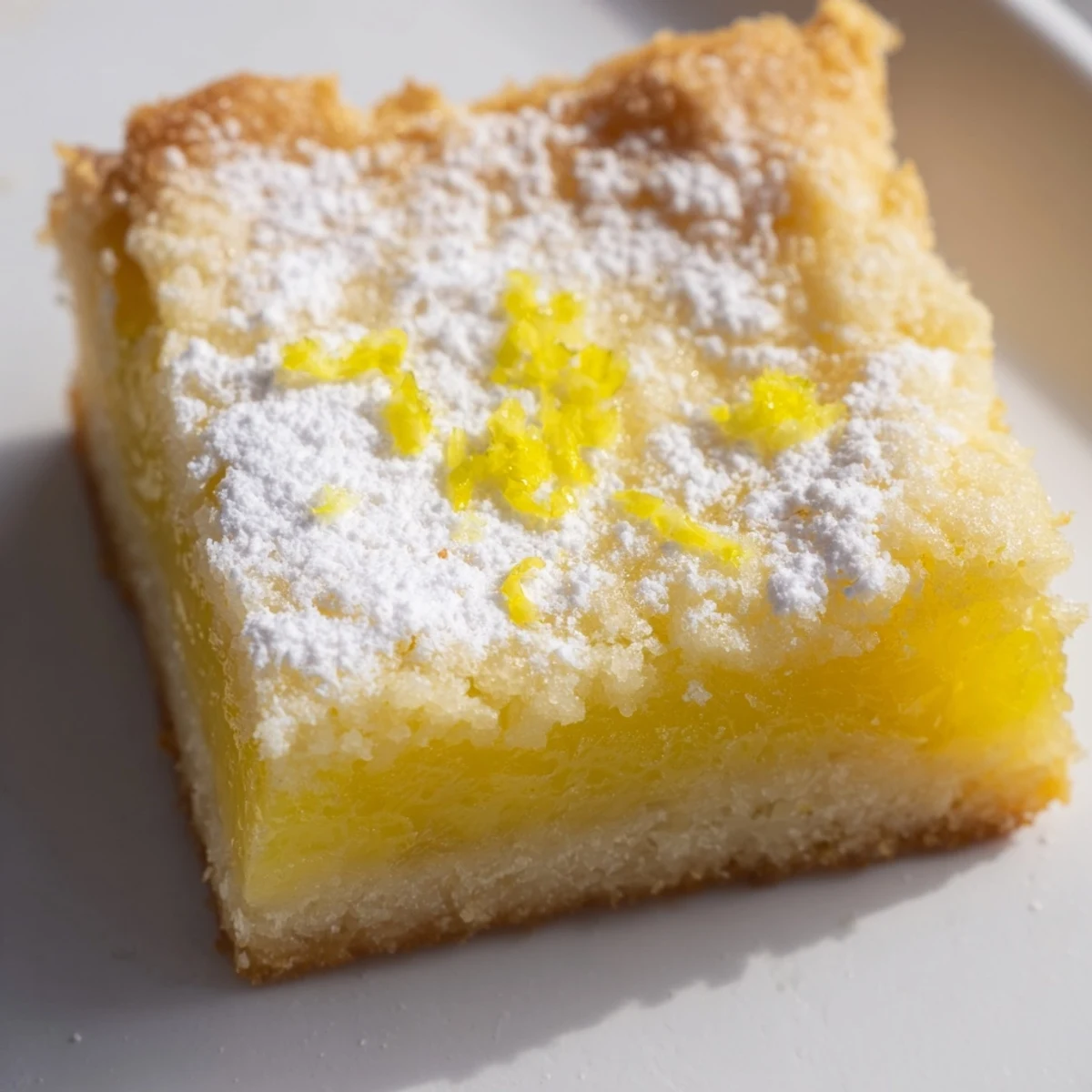 Chewy simple lemon bars sliced into neat squares and topped with snowy powdered sugar.