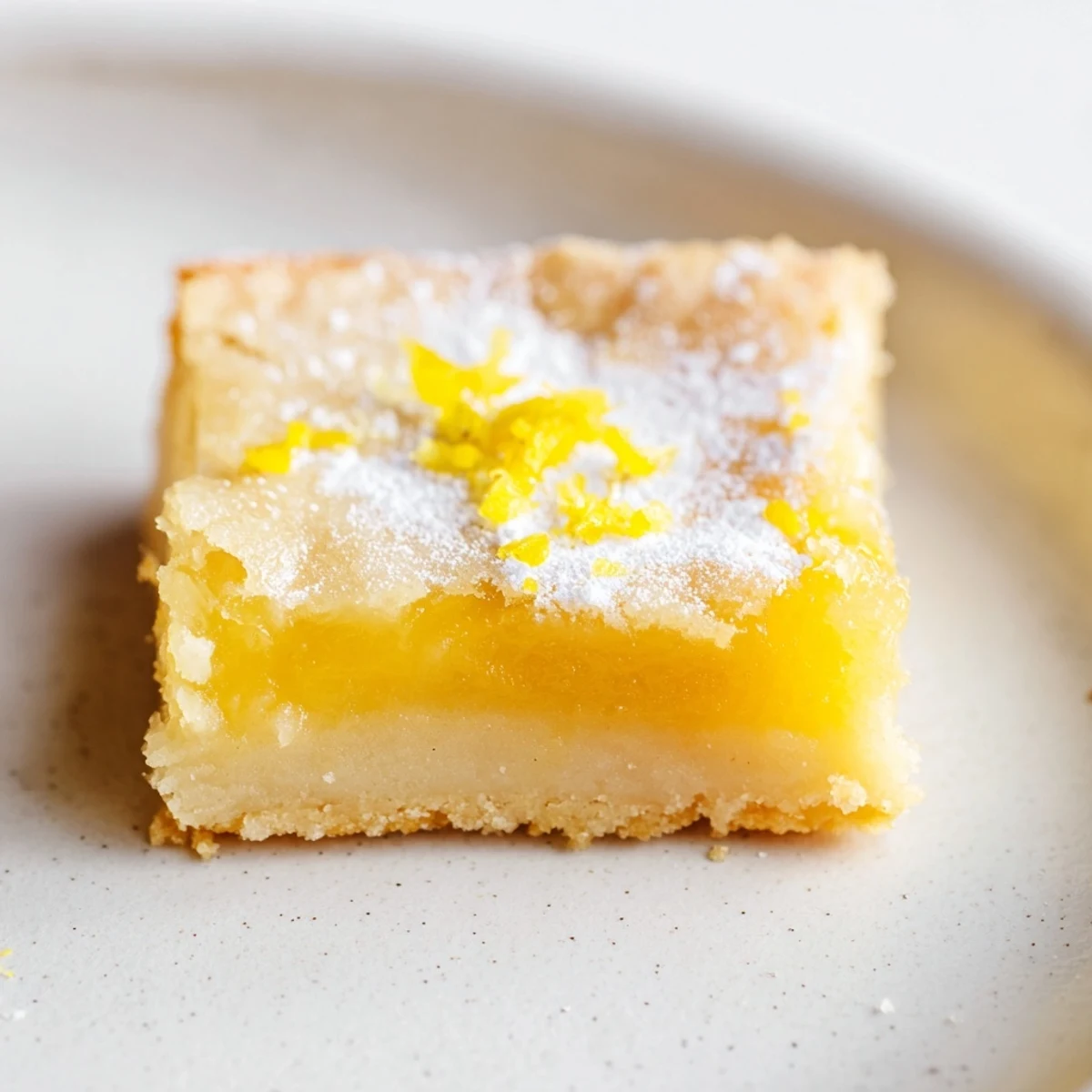 Golden simple lemon bars on a bright ceramic plate ready for a summer dessert.