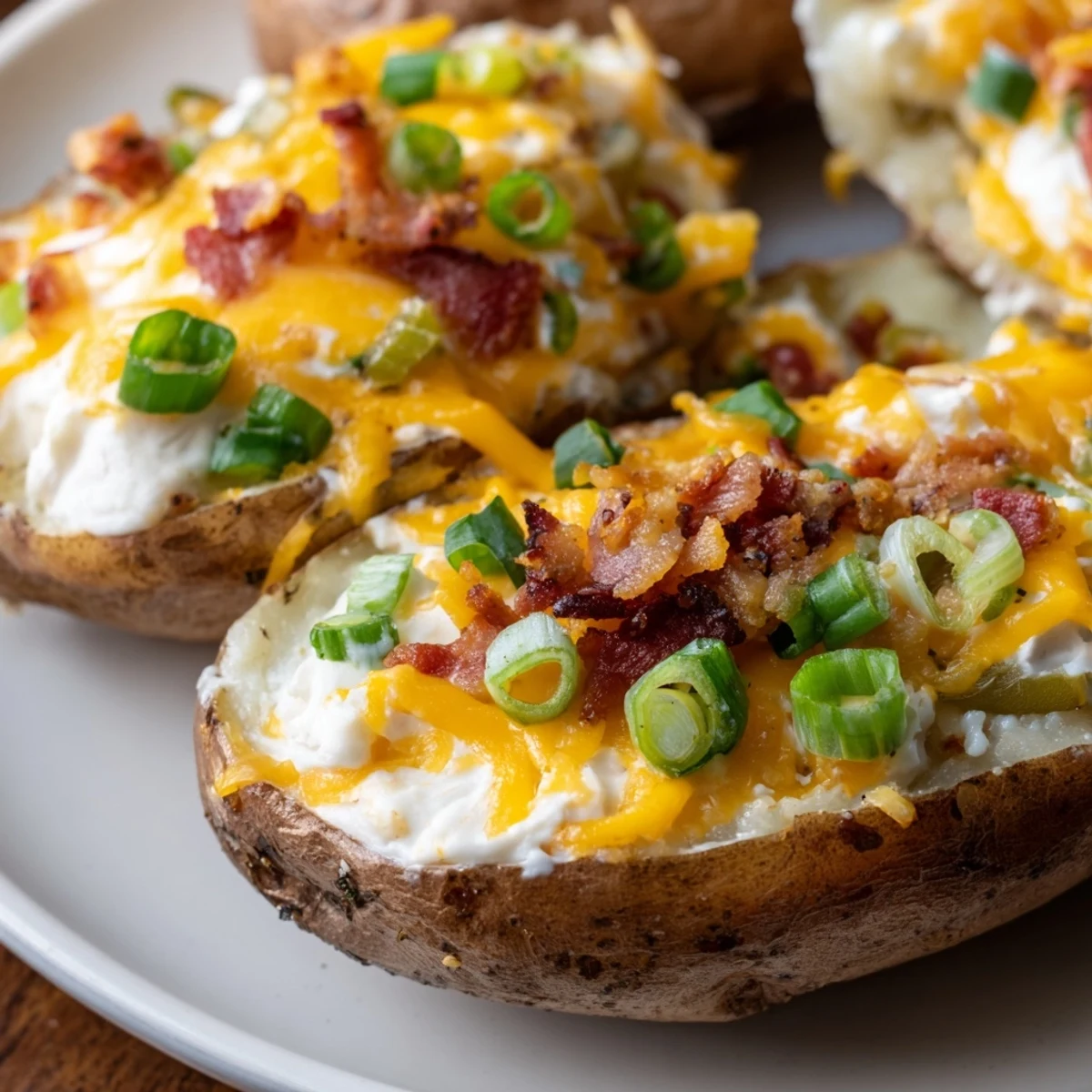 Golden, cheesy jalapeno popper twice baked potatoes topped with crispy bacon bits.  