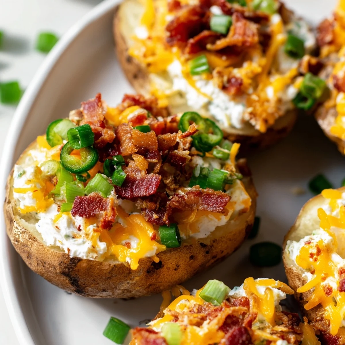 Creamy jalapeno popper twice baked potatoes filled with spices and melted cheddar cheese.  