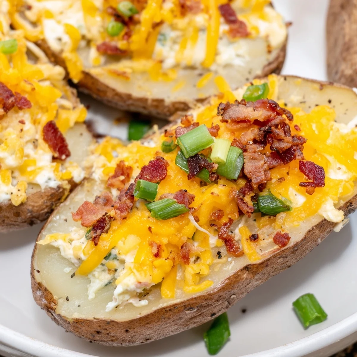 Spicy jalapeno popper twice baked potatoes garnished with fresh green onions and jalapenos.