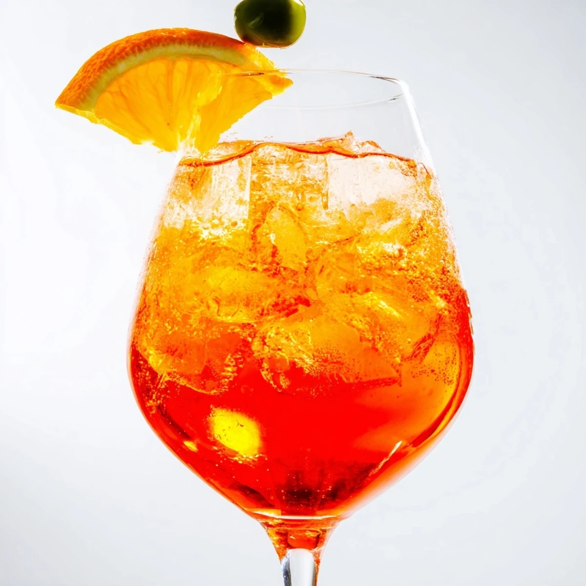 Bright orange Spritz cocktail garnished with a fresh slice and ice.  