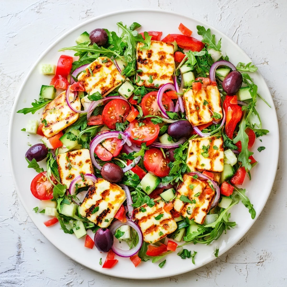 Warm grilled halloumi served with a vibrant Mediterranean salad and fresh herbs