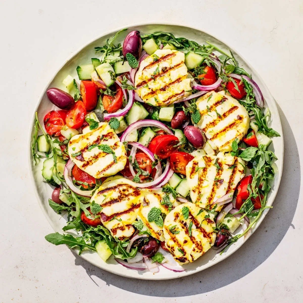 Golden grilled halloumi slices atop a fresh Mediterranean salad with vegetables