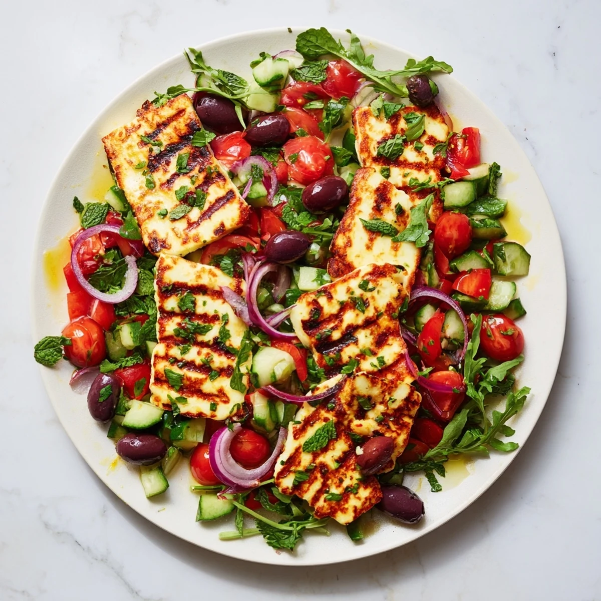 Sizzling grilled halloumi paired with crisp Mediterranean salad for a light meal