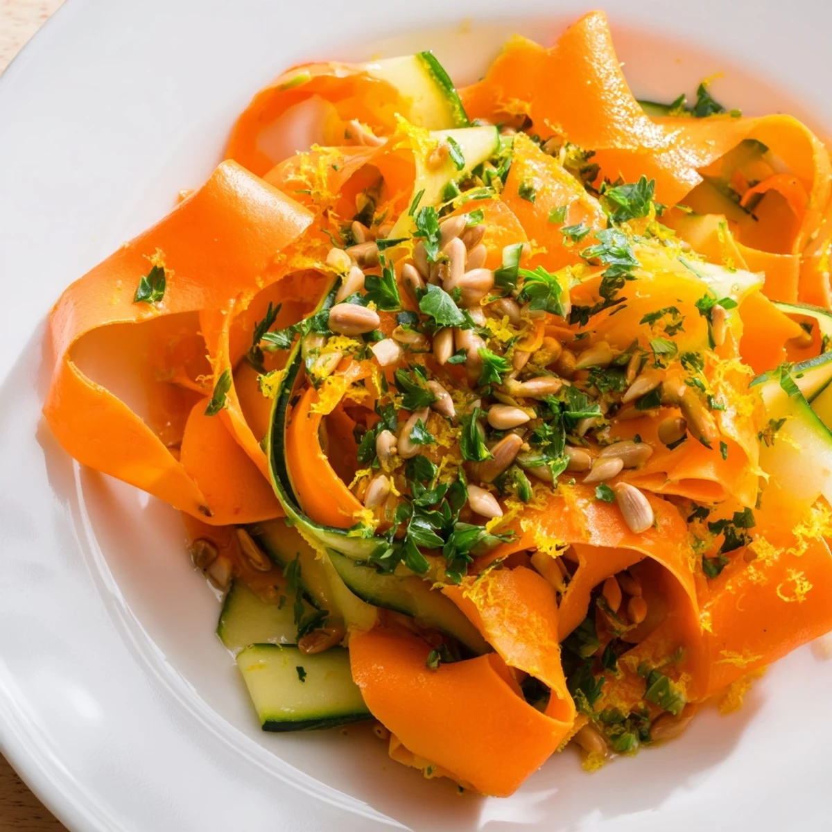 Vibrant carrot ribbon salad tossed in a light citrus vinaigrette.