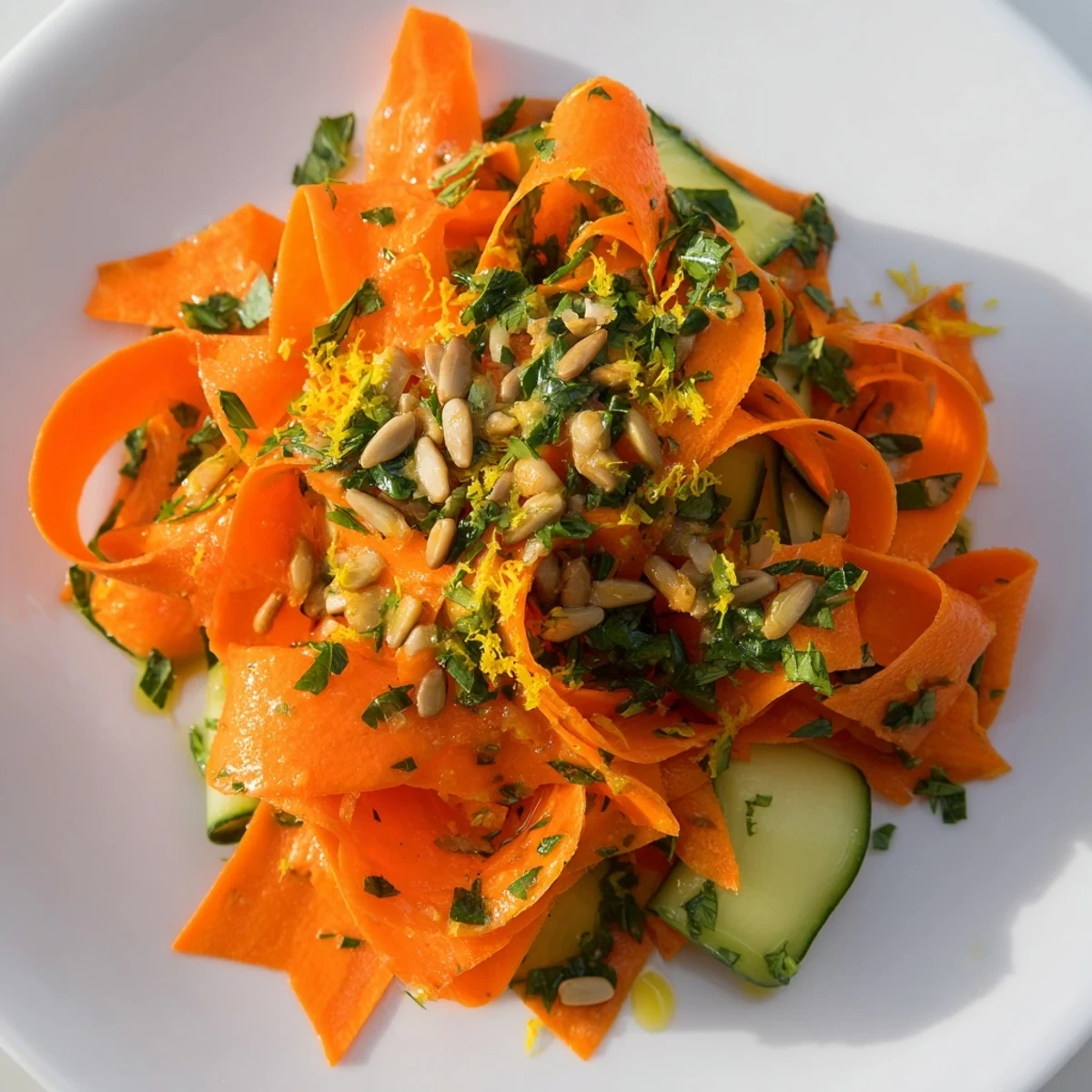 Fresh carrot ribbon salad with zesty citrus dressing and garnish.