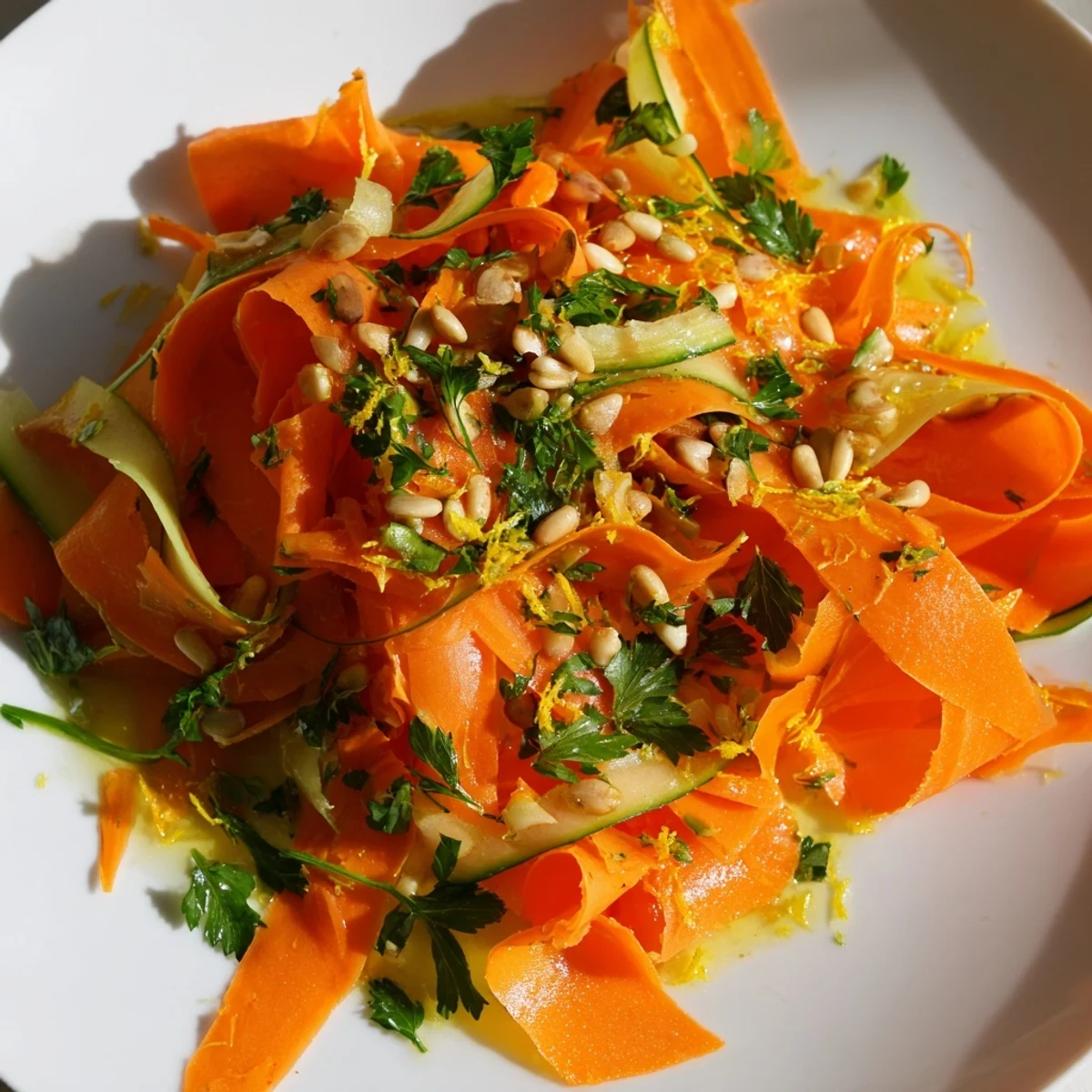 Delicate carrot ribbons served with parsley and tangy citrus dressing.
