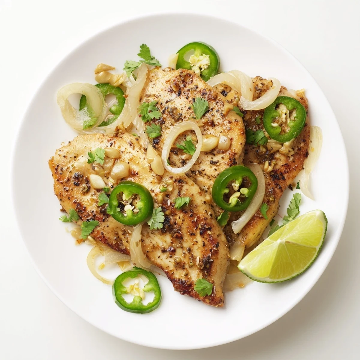 Golden spicy jalapeno chicken breasts served with fresh lime wedges and cilantro  