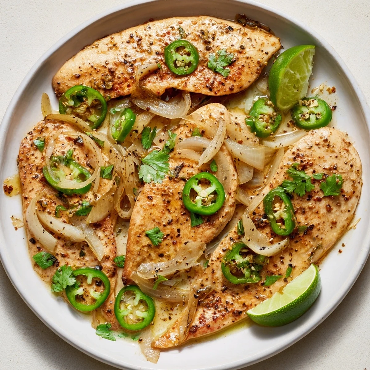 Oven-baked spicy jalapeno chicken dish garnished with aromatic herbs and lime