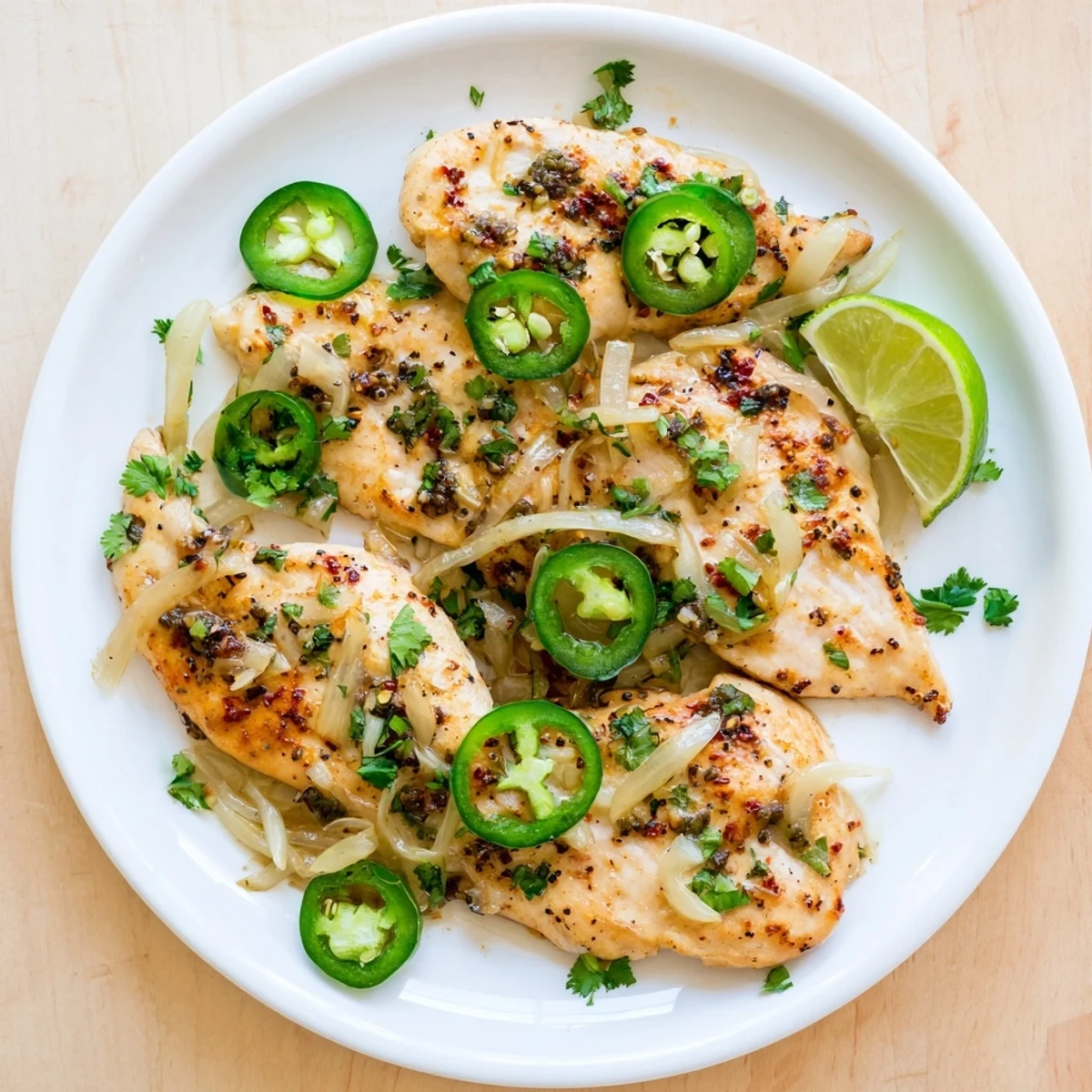 Juicy spicy jalapeno chicken sizzling in a skillet with vibrant sliced peppers  