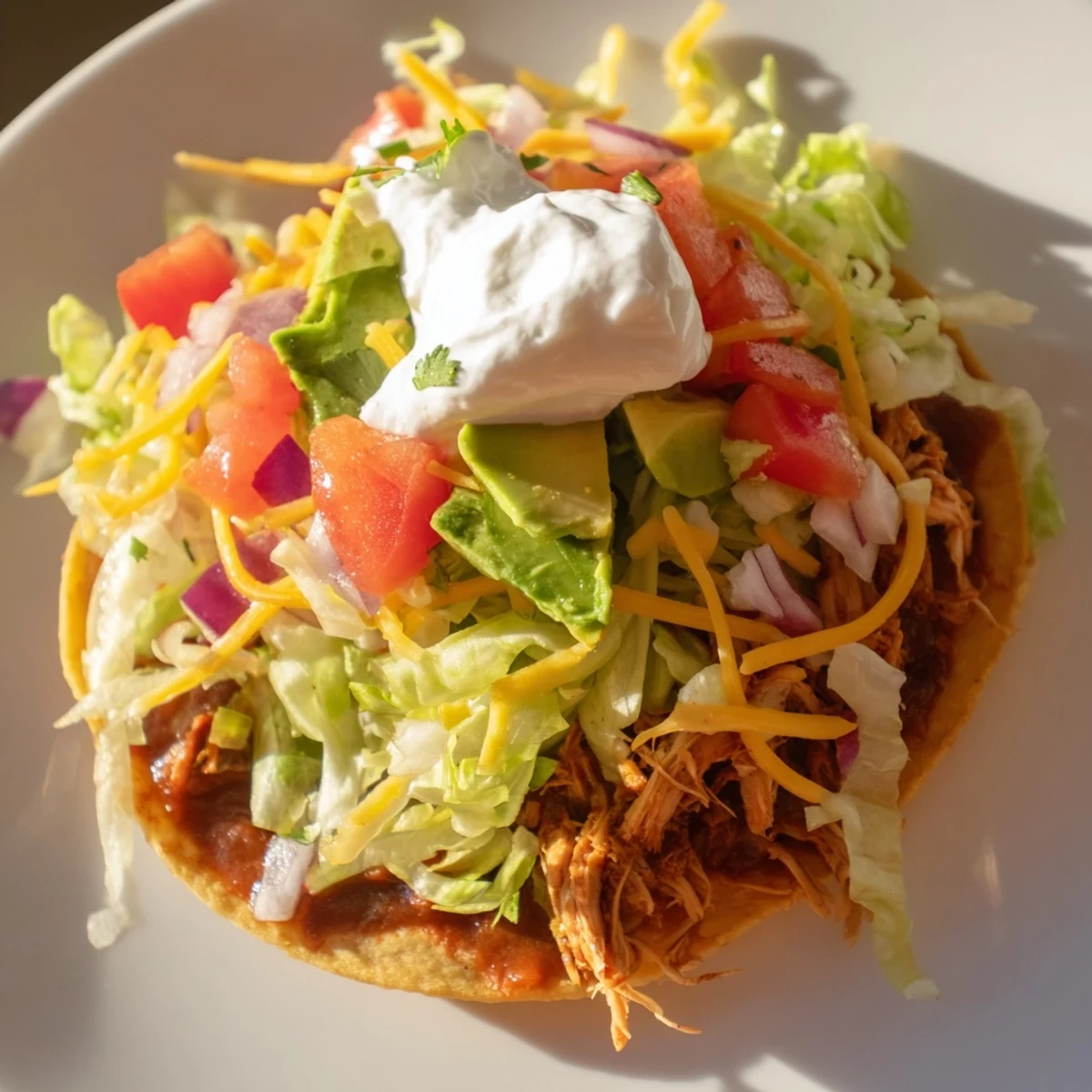A vibrant plate of Chicken Tostadas topped with lettuce cheese and avocado
