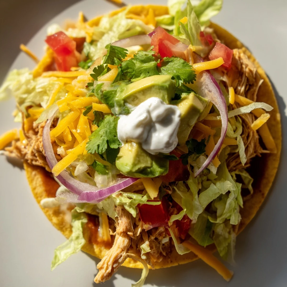 Homemade Chicken Tostadas featuring juicy spiced chicken over crunchy corn tortillas  