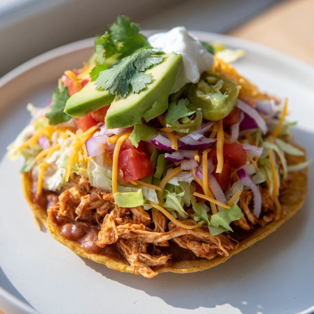 Delicious chicken tostadas featuring seasoned meat, melted cheese, and crisp lettuce.  