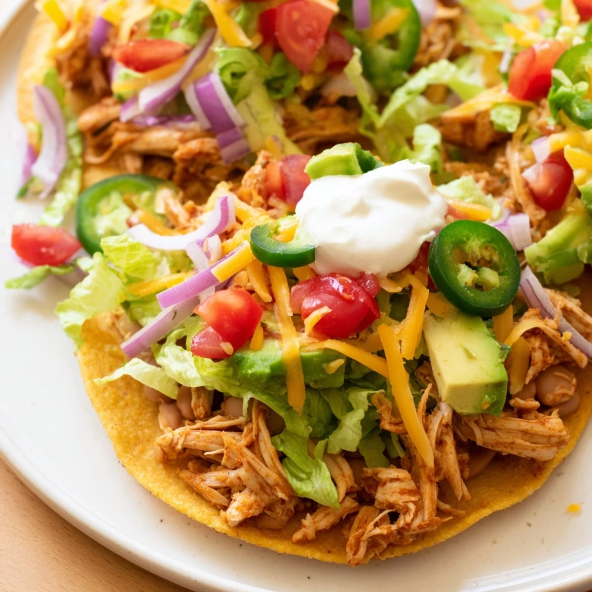 Vibrant chicken tostadas piled high with avocado, tomatoes, and sour cream.