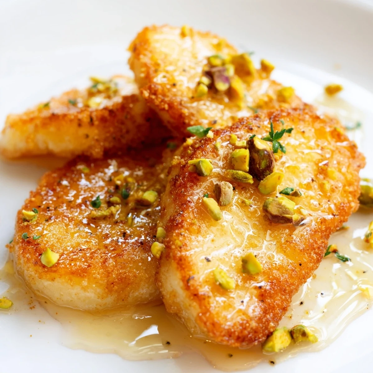 Crispy fried Honey Halloumi topped with honey and pistachios for a Mediterranean appetizer.