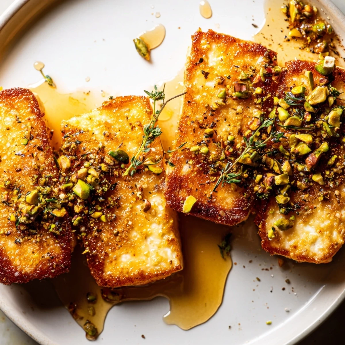 Savory Honey Halloumi served with fresh herbs and black pepper on a plate.  