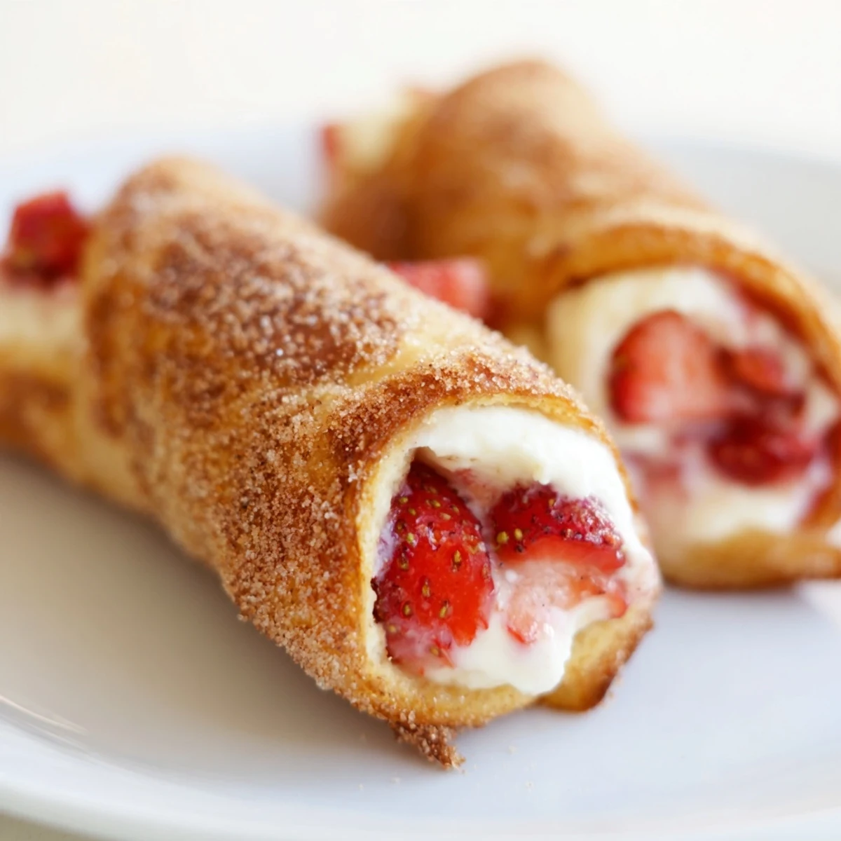 Golden strawberry cream cheese roll ups toasted to crispy perfection with cinnamon sugar.  