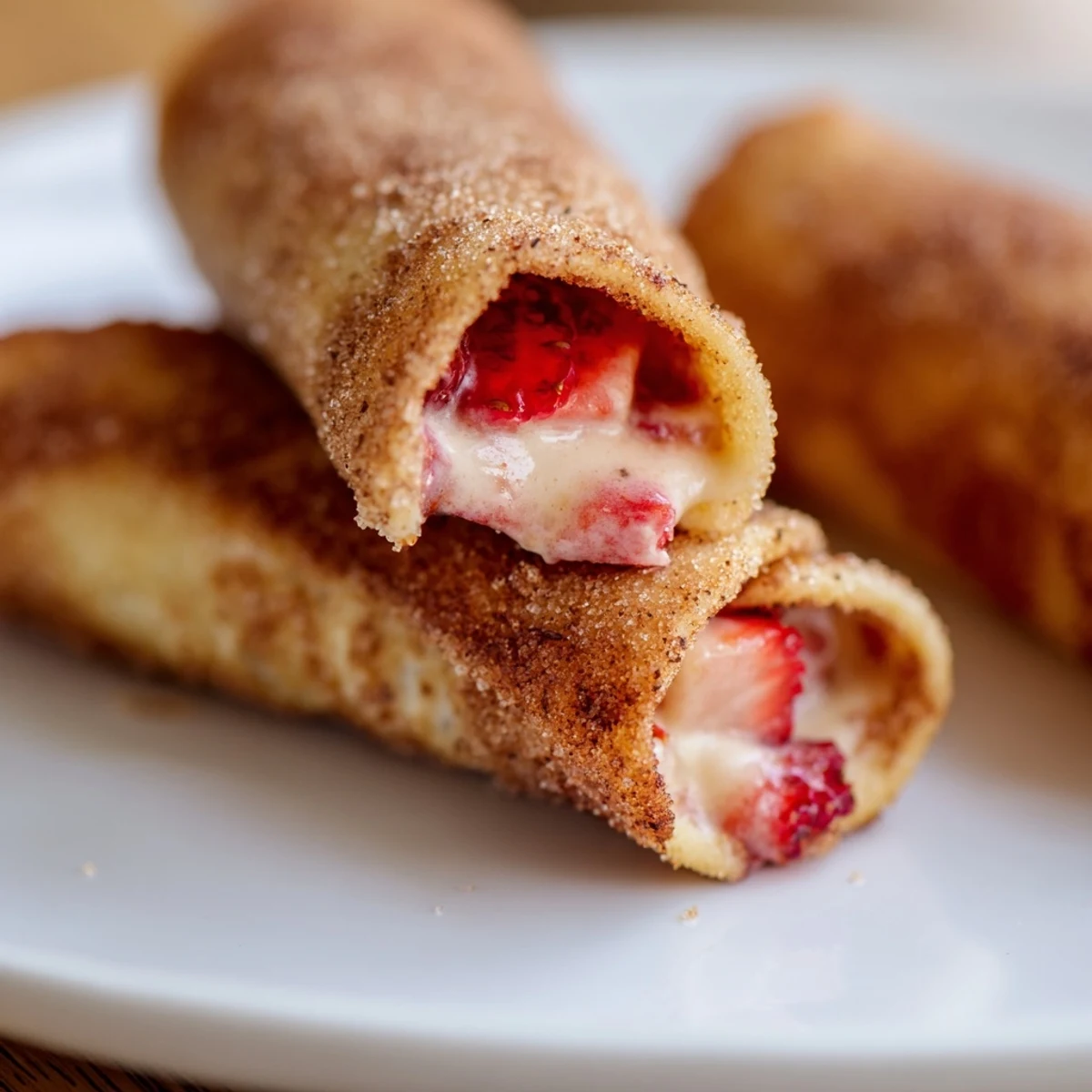 Soft bread rolls stuffed with sweet strawberry cream cheese filling and pan-fried until browned.  