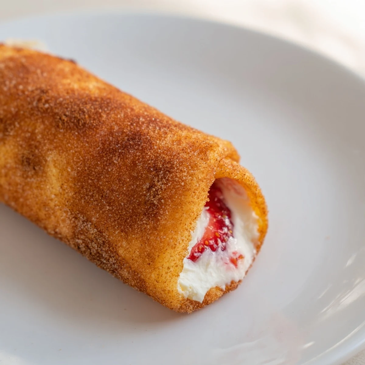 Warm strawberry cream cheese roll ups coated in cinnamon sugar ready for a sweet treat.