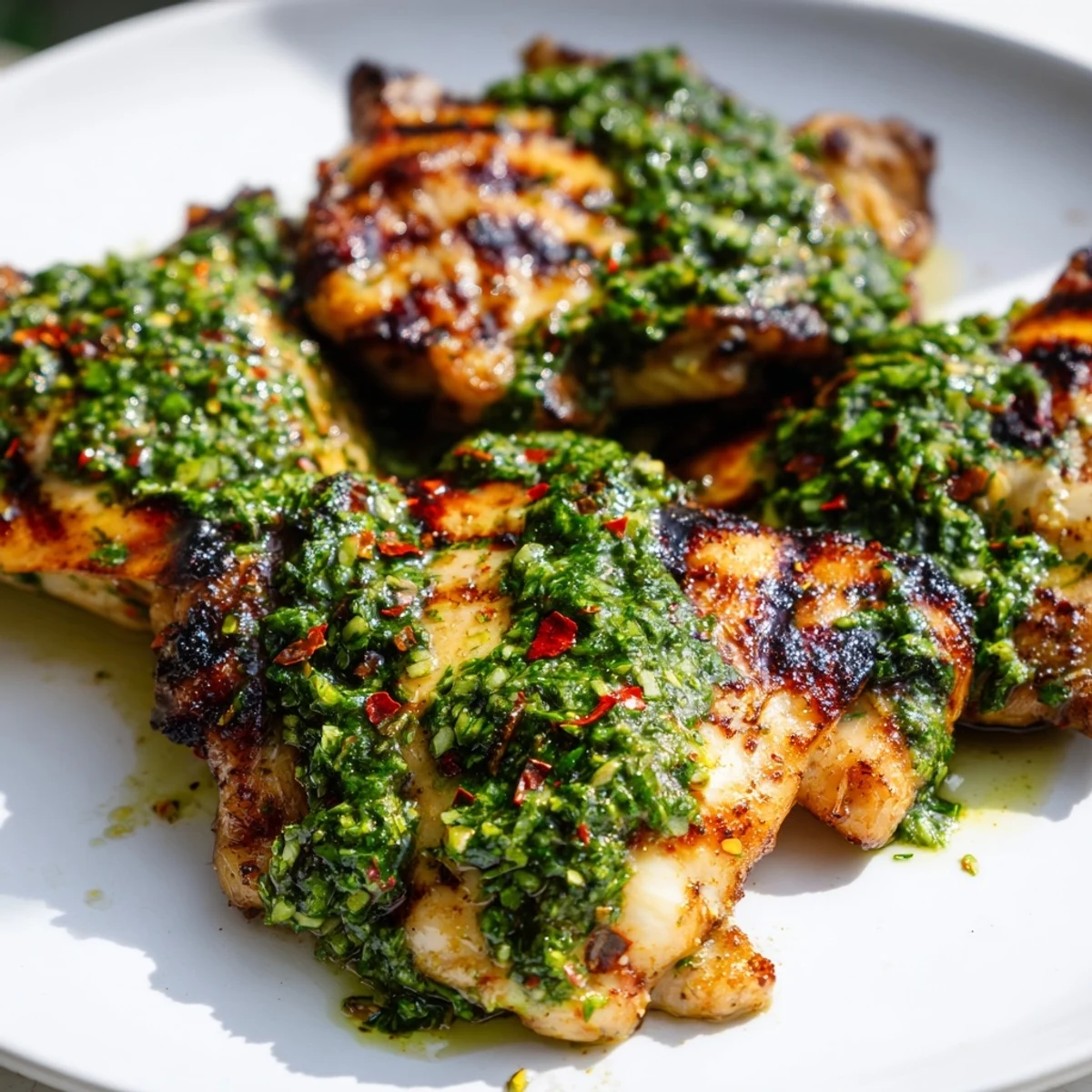 Golden grilled Chimichurri Chicken Thighs drizzled with vibrant green herb sauce  
