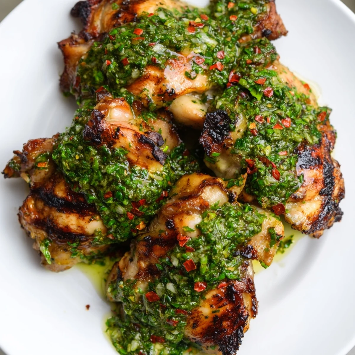 Savory Chimichurri Chicken Thighs served with zesty parsley and garlic marinade  