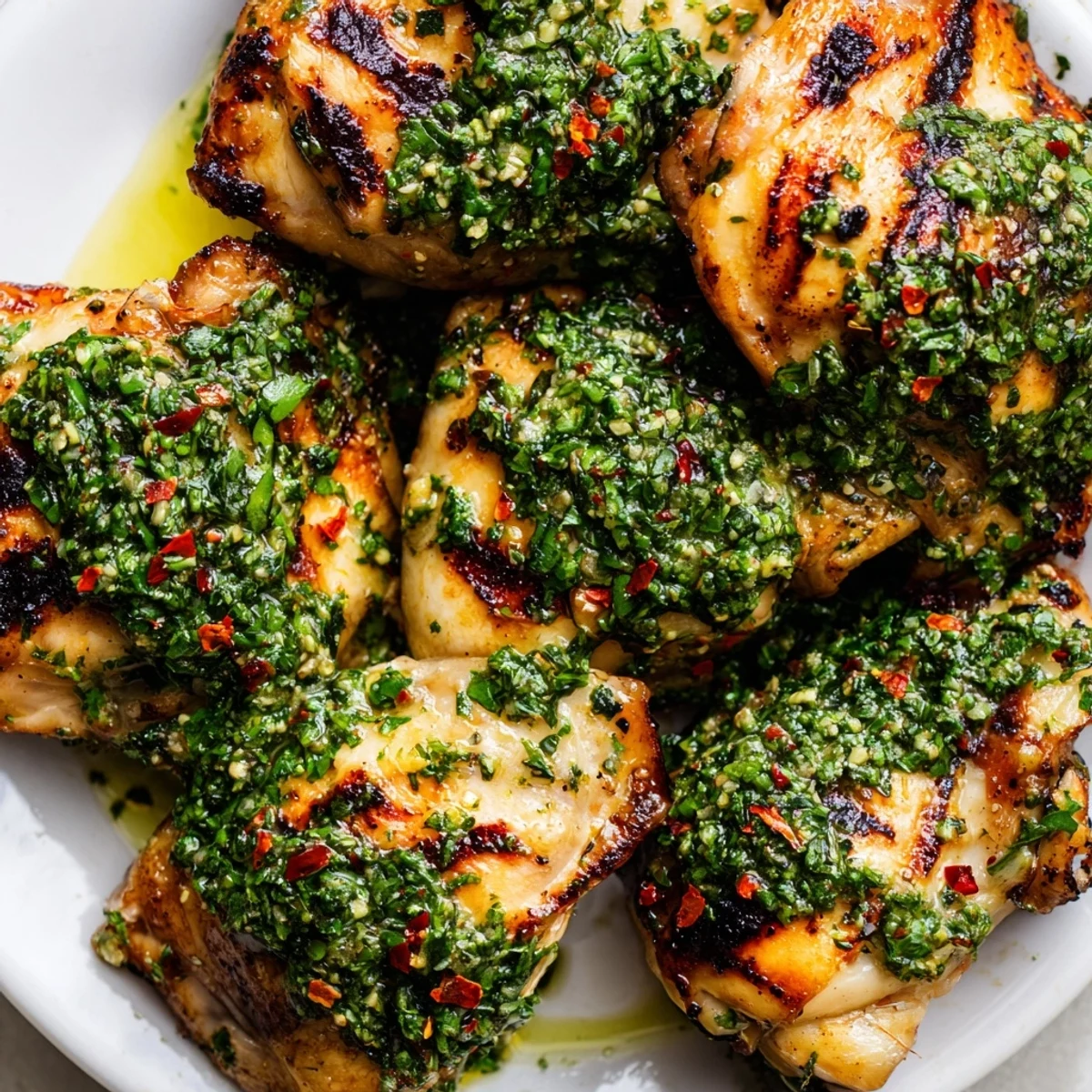 Juicy Chimichurri Chicken Thighs on a plate with fresh herb garnish
