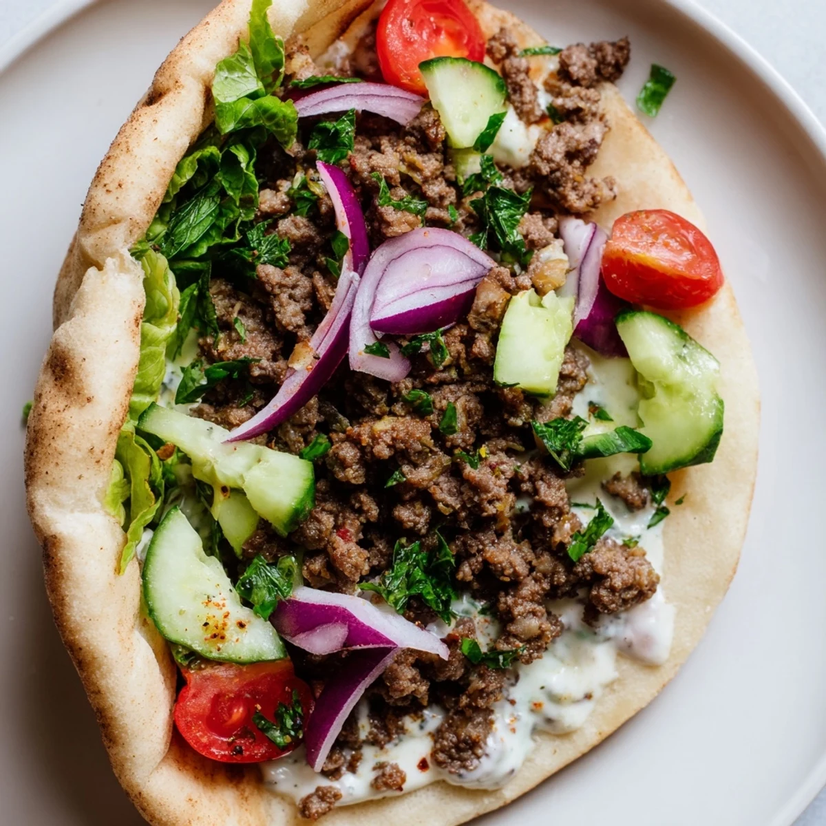 Warm pita filled with spiced Mediterranean ground beef and fresh salad for a tasty meal.  