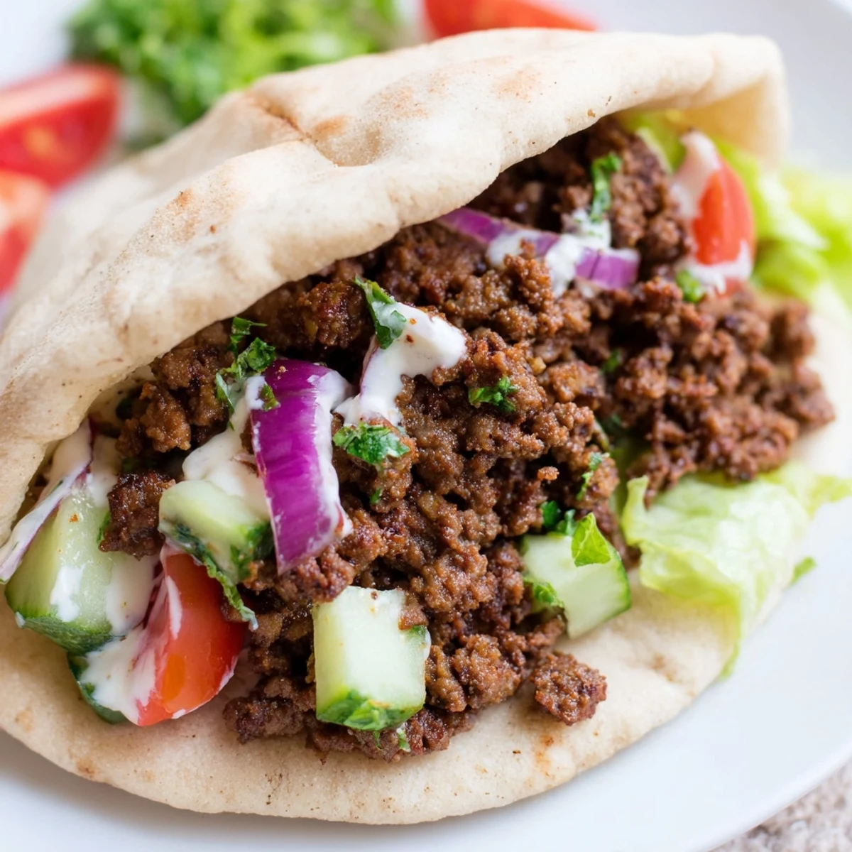 Golden Mediterranean ground beef pita pockets stuffed with crisp veggies and tangy yogurt sauce.  