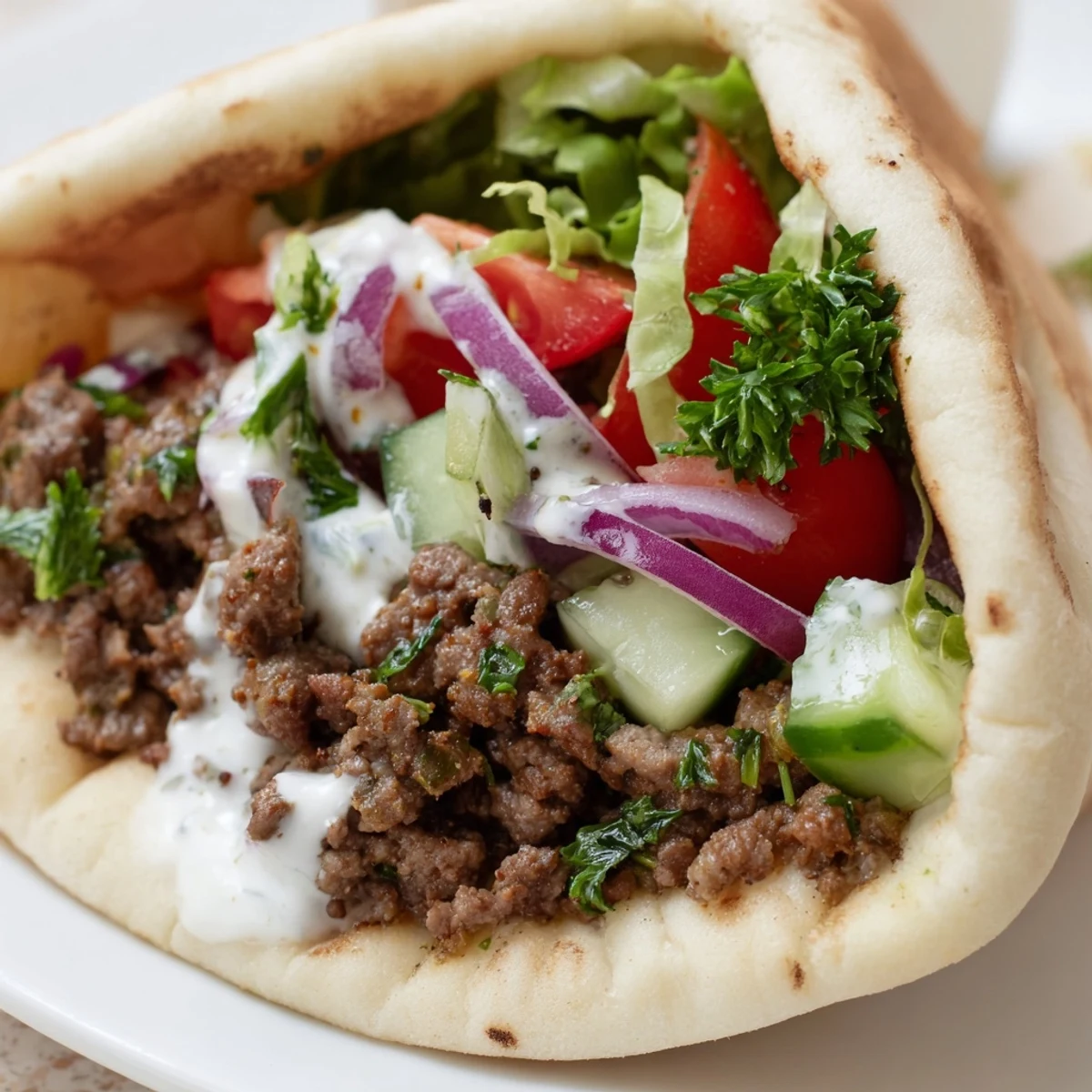 Savory Mediterranean ground beef pita pockets drizzled with creamy sauce and fresh herbs.