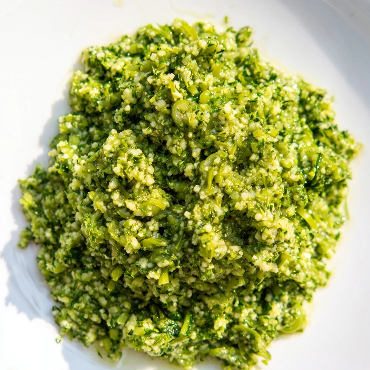 Vibrant green garlic scape pesto served in a rustic bowl with basil leaves.