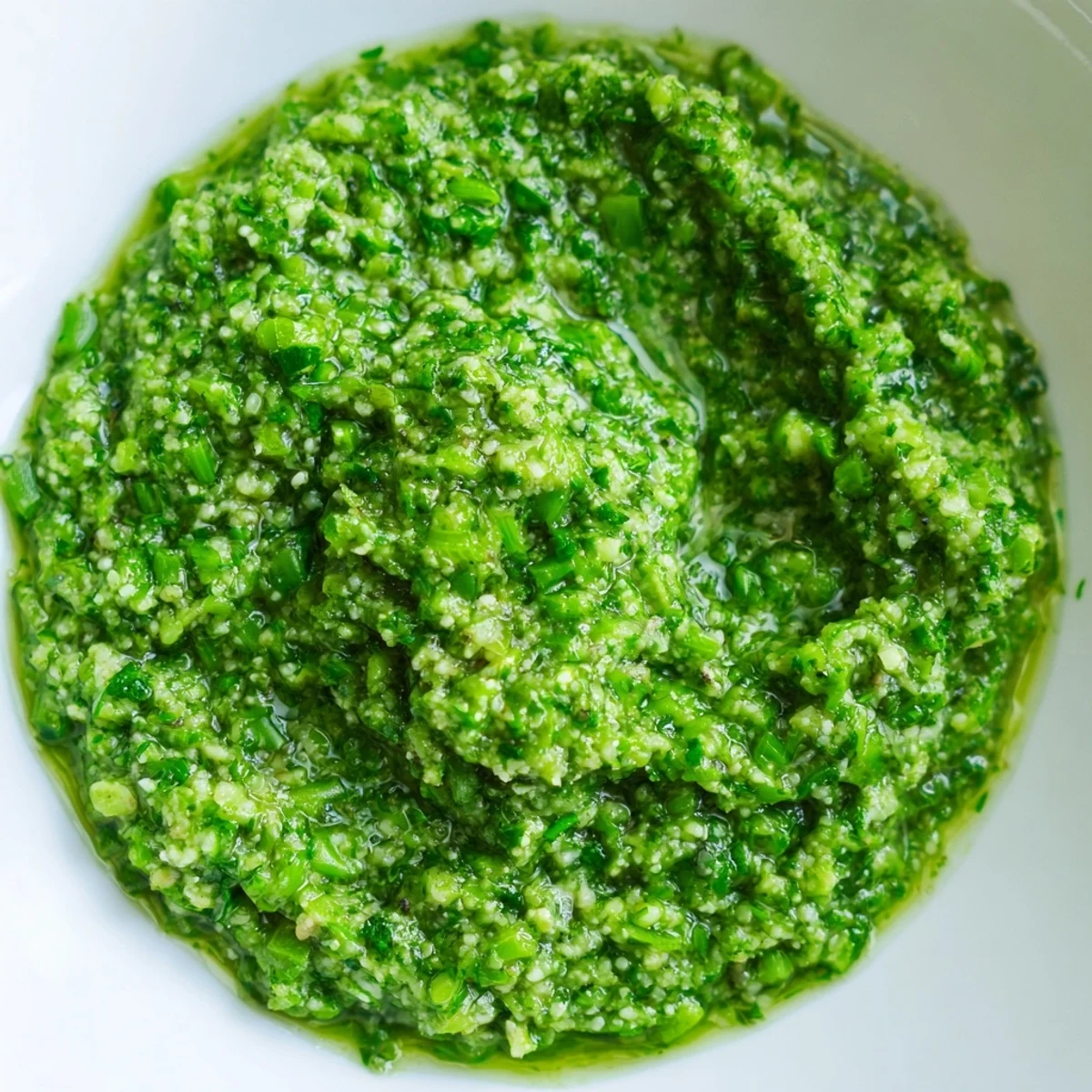 Smooth garlic scape pesto tossed over al dente pasta with fresh basil garnish.