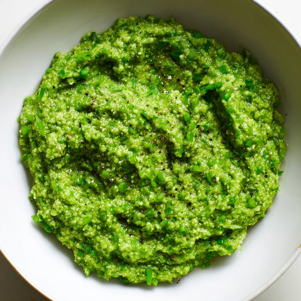 Creamy garlic scape pesto spread thickly on a slice of crusty artisan bread.