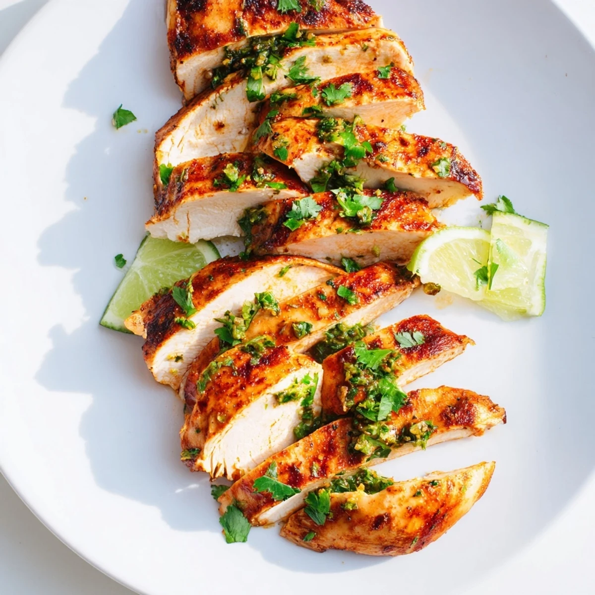 Grilled Cilantro Lime Chicken served with fresh lime wedges and herbs  